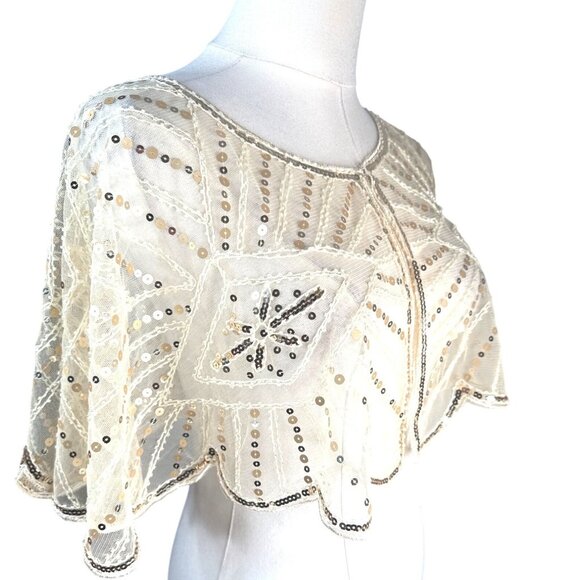 Beaded Sequins OS Capelet Scalloped Shawl Elegant Sheer Vintage Style Ivory - Picture 13 of 16